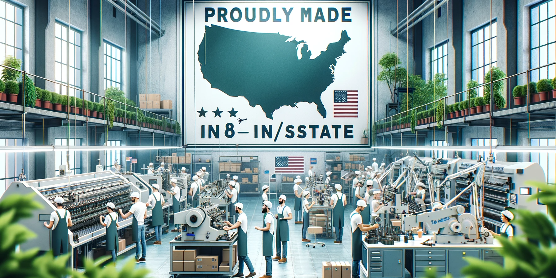 DALL·E 2023-10-20 11.43.27 – Photo of a bustling manufacturing workshop with a diverse team of male and female workers engaged in various tasks. On the wall, there’s a large sign