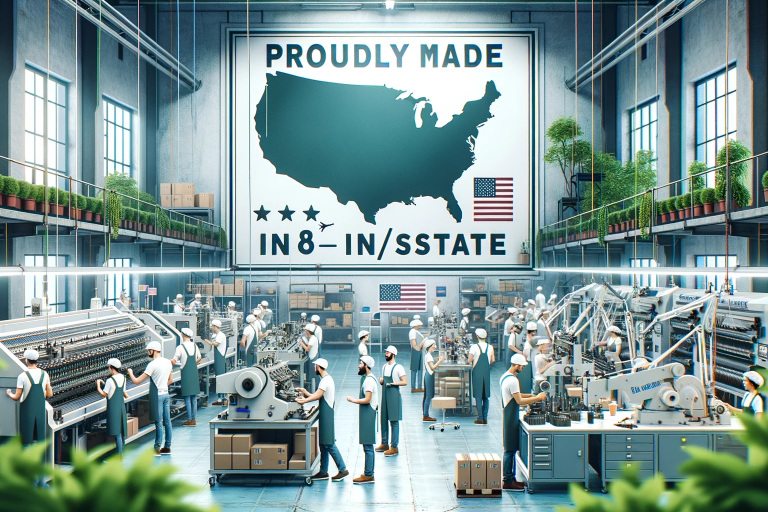 DALL·E 2023-10-20 11.43.27 – Photo of a bustling manufacturing workshop with a diverse team of male and female workers engaged in various tasks. On the wall, there’s a large sign