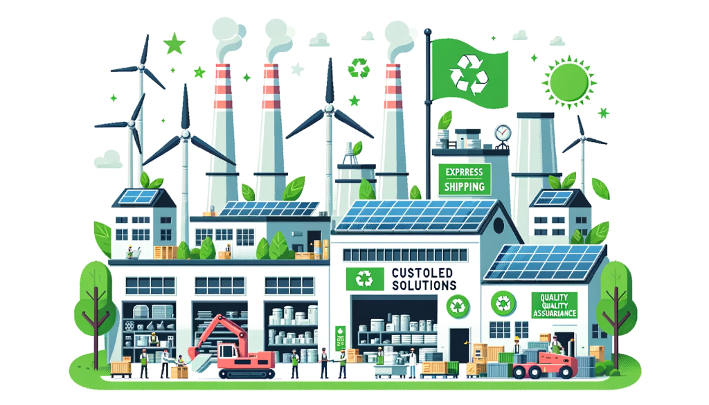 DALL·E 2023-10-20 11.43.37 - Illustration of a modern manufacturing plant with wind turbines and solar panels, emphasizing green energy. The factory has a flag flying high with '1