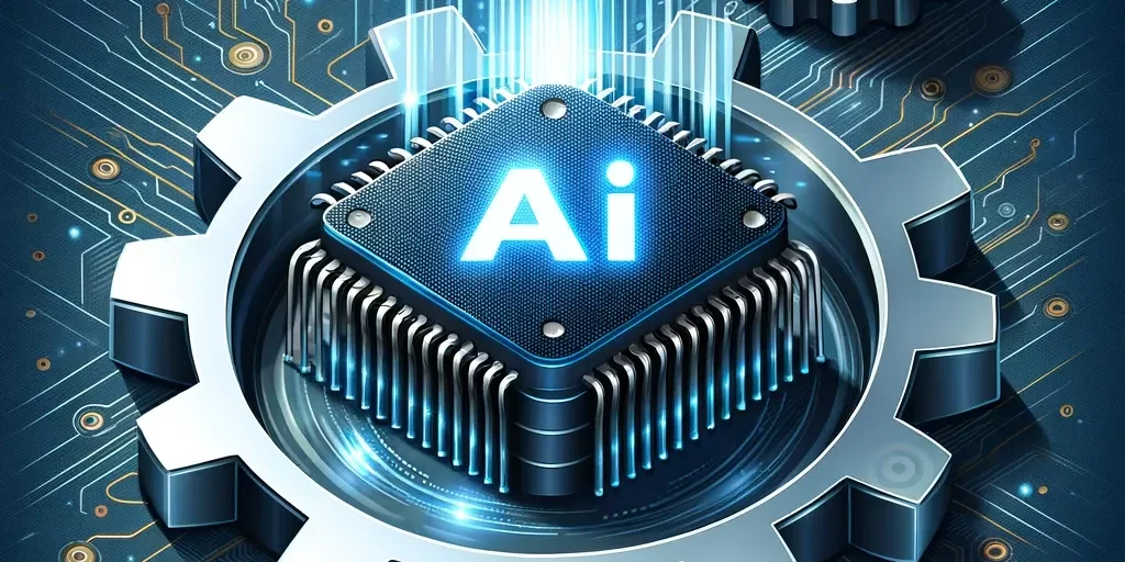 DALL·E 2023-10-26 11.09.07 – Vector design of a sleek AI chip embedded in a metallic gear, symbolizing the integration of artificial intelligence in modern manufacturing processes