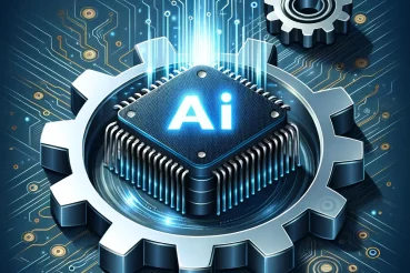 DALL·E 2023-10-26 11.09.07 – Vector design of a sleek AI chip embedded in a metallic gear, symbolizing the integration of artificial intelligence in modern manufacturing processes