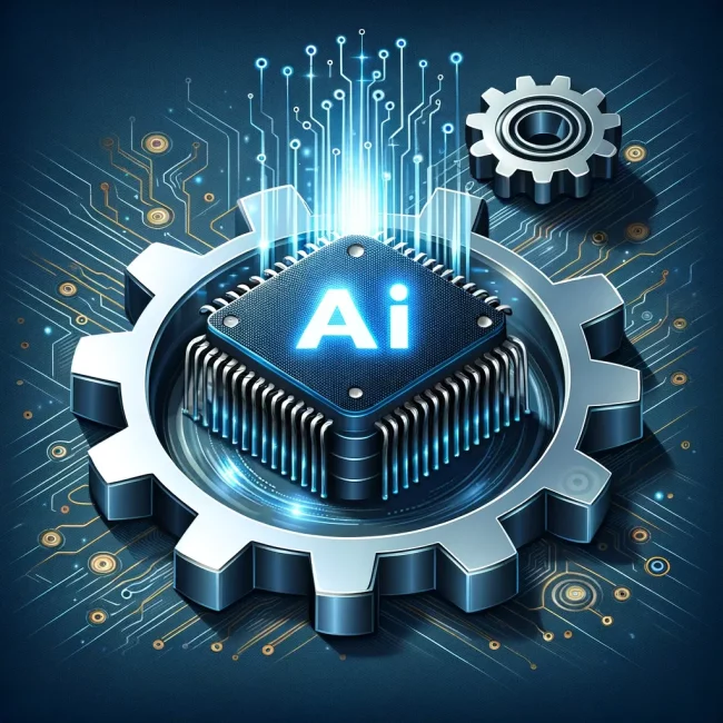 DALL·E 2023-10-26 11.09.07 – Vector design of a sleek AI chip embedded in a metallic gear, symbolizing the integration of artificial intelligence in modern manufacturing processes