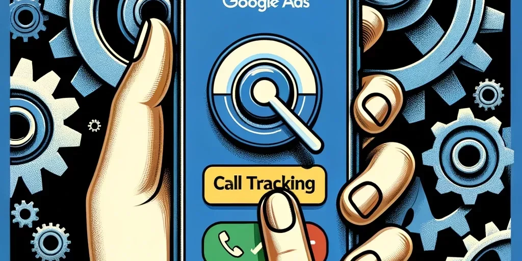 DALL·E 2023-11-03 15.03.53 – Illustration of a hand holding a smartphone against a backdrop of industrial gears and cogs. The smartphone screen displays a Google Ads interface wit