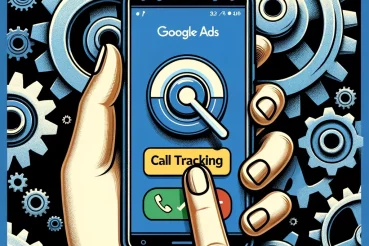 DALL·E 2023-11-03 15.03.53 – Illustration of a hand holding a smartphone against a backdrop of industrial gears and cogs. The smartphone screen displays a Google Ads interface wit