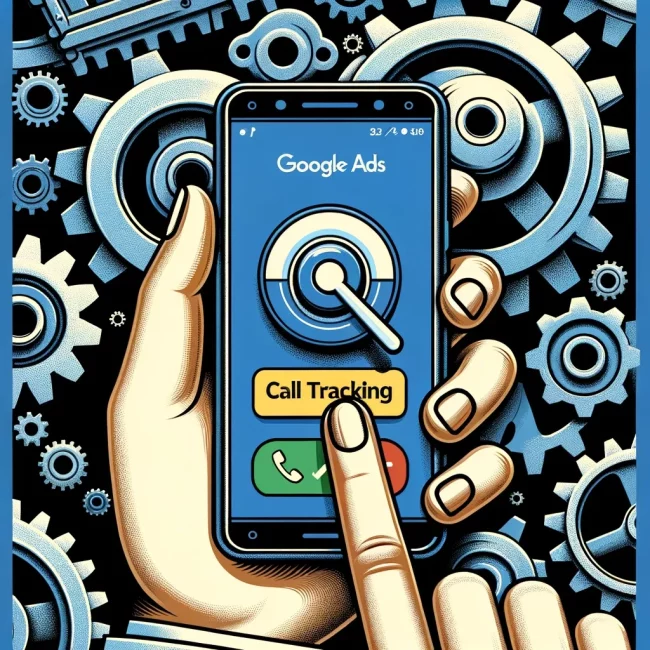 DALL·E 2023-11-03 15.03.53 – Illustration of a hand holding a smartphone against a backdrop of industrial gears and cogs. The smartphone screen displays a Google Ads interface wit