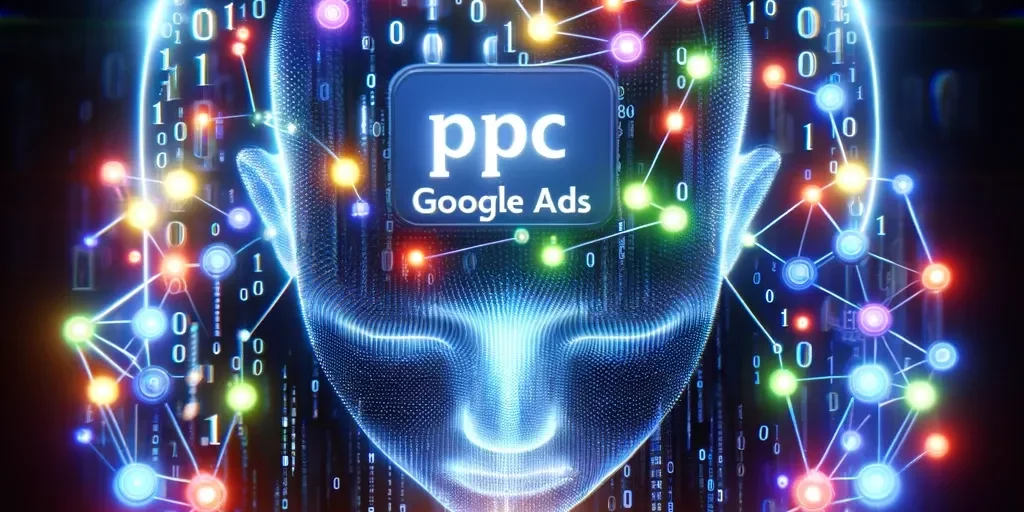 DALL·E 2023-11-10 11.59.03 – A futuristic, abstract representation of PPC Google Ads in the context of AI. The image features a network of interconnected digital nodes, symbolizin