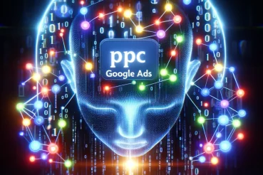 DALL·E 2023-11-10 11.59.03 – A futuristic, abstract representation of PPC Google Ads in the context of AI. The image features a network of interconnected digital nodes, symbolizin