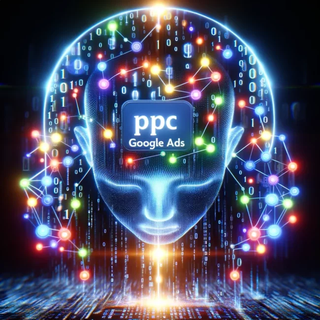 DALL·E 2023-11-10 11.59.03 – A futuristic, abstract representation of PPC Google Ads in the context of AI. The image features a network of interconnected digital nodes, symbolizin