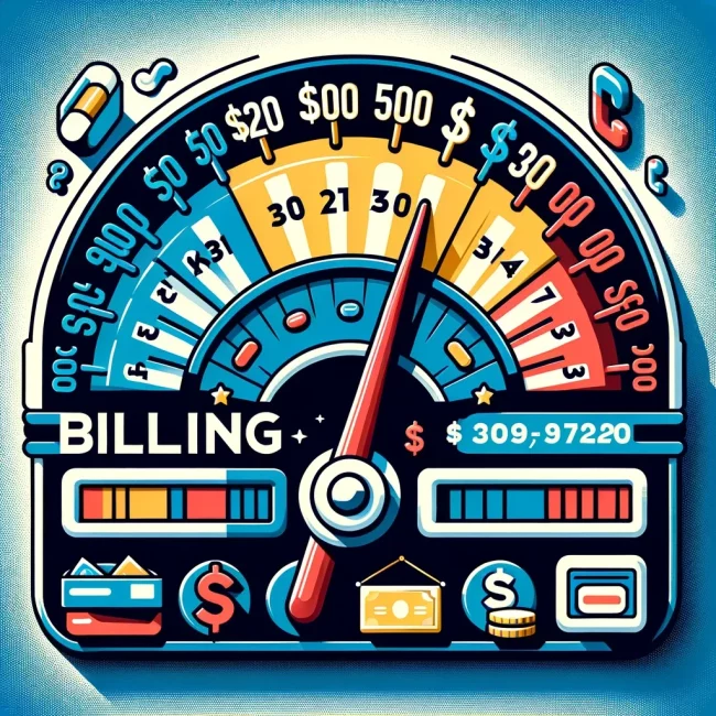 DALL·E 2023-11-16 15.54.58 – A stylized representation of a billing meter, designed in a professional and educational style. The meter is divided into various stages with the $500