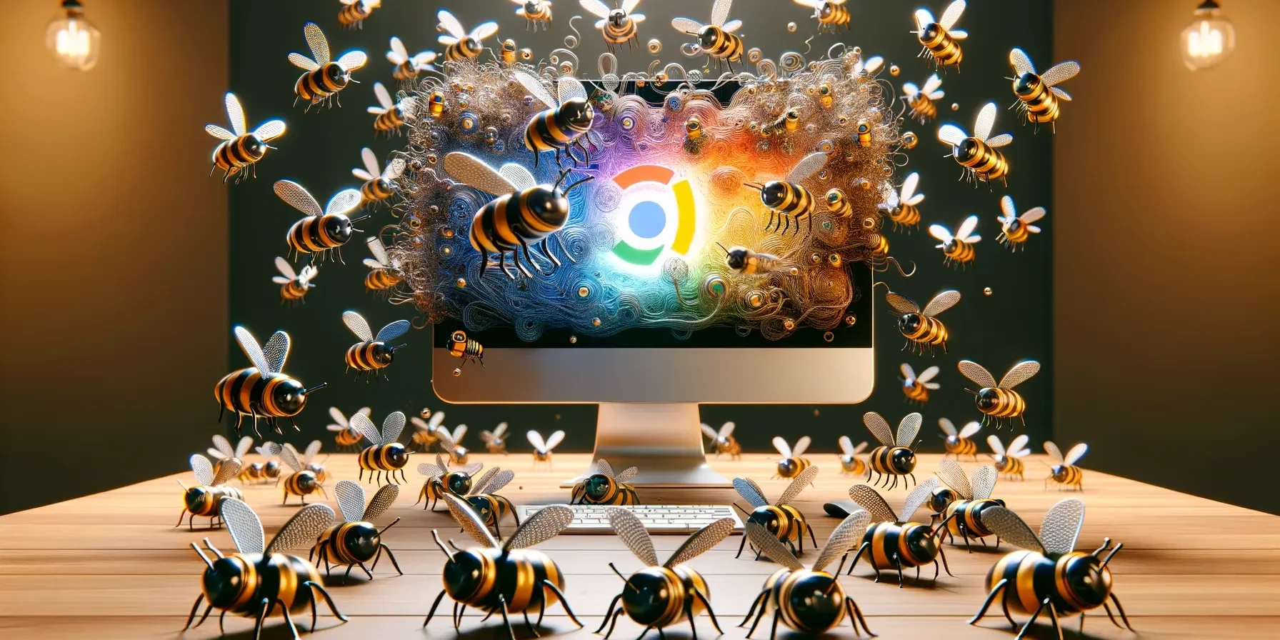 DALL·E 2023-11-27 13.24.07 – A creative and metaphorical image showing AI agents swarming like bees around a computer, symbolizing their role in managing Google Ads. The scene dep