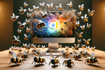 DALL·E 2023-11-27 13.24.07 – A creative and metaphorical image showing AI agents swarming like bees around a computer, symbolizing their role in managing Google Ads. The scene dep