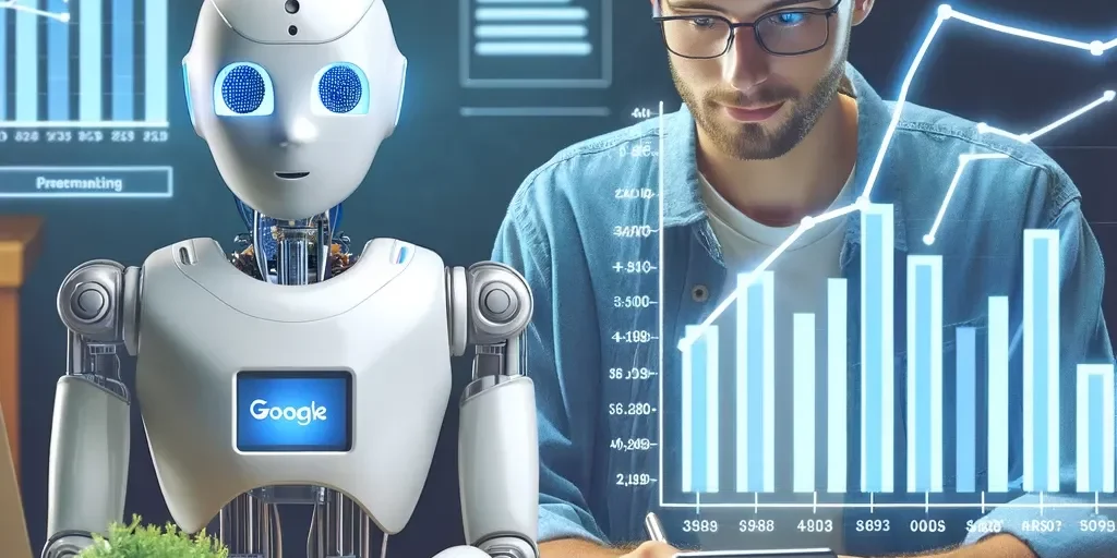 DALL·E 2023-12-07 13.04.25 – A human and a humanoid robot sitting together at a desk, working on a computer with graphs showing upward trends in Google Ads campaigns