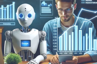 DALL·E 2023-12-07 13.04.25 – A human and a humanoid robot sitting together at a desk, working on a computer with graphs showing upward trends in Google Ads campaigns
