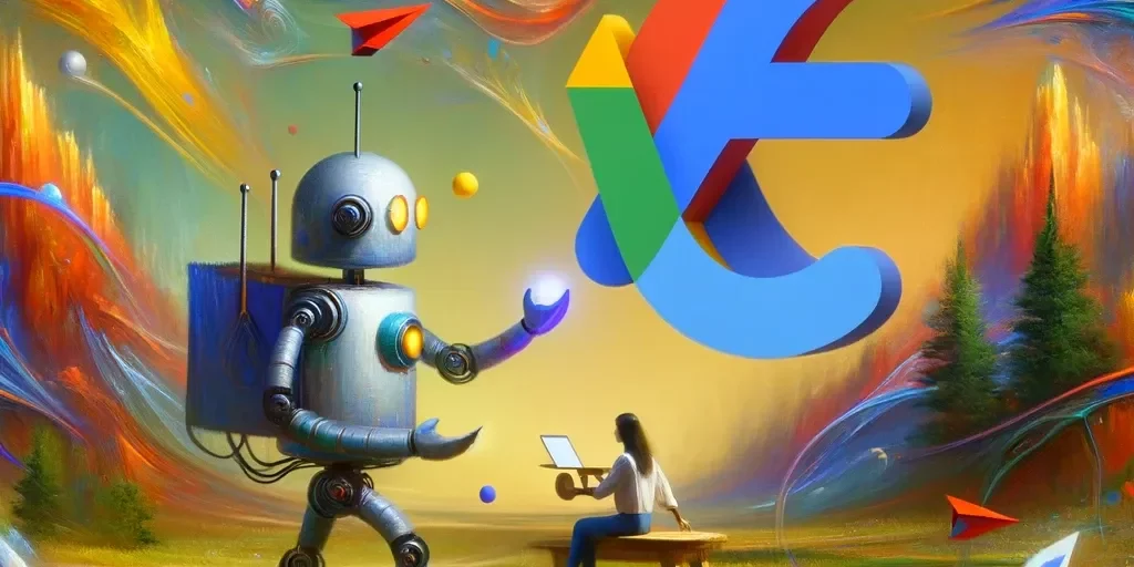 DALL·E 2023-12-07 13.08.15 – An abstract and artistic representation of a human and a robot collaborating on a Google Ads campaign in a landscape setting. The scene blends element