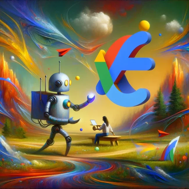 DALL·E 2023-12-07 13.08.15 – An abstract and artistic representation of a human and a robot collaborating on a Google Ads campaign in a landscape setting. The scene blends element