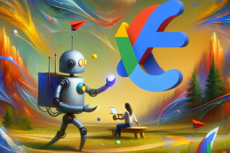 DALL·E 2023-12-07 13.08.15 – An abstract and artistic representation of a human and a robot collaborating on a Google Ads campaign in a landscape setting. The scene blends element