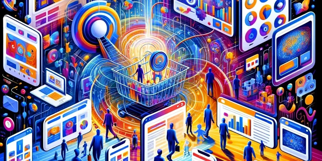 DALL·E 2024-01-04 10.40.41 – 1. An abstract image representing personalized ads in dynamic remarketing, featuring diverse, abstract human figures interacting with digital screens