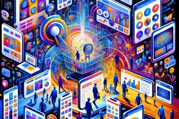 DALL·E 2024-01-04 10.40.41 – 1. An abstract image representing personalized ads in dynamic remarketing, featuring diverse, abstract human figures interacting with digital screens