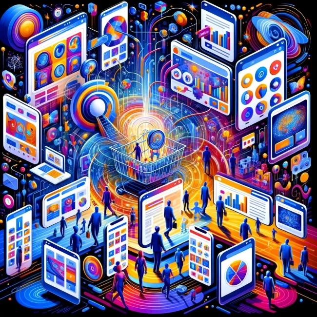 DALL·E 2024-01-04 10.40.41 – 1. An abstract image representing personalized ads in dynamic remarketing, featuring diverse, abstract human figures interacting with digital screens