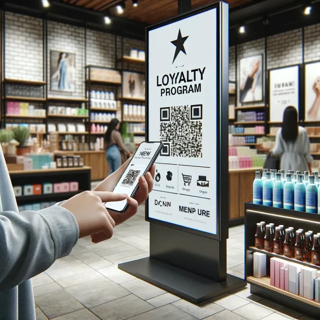 DALL·E 2024-03-07 14.10.30 – A photorealistic image showcasing a modern retail store with a digital signage display advertising a loyalty program. The store is filled with diverse