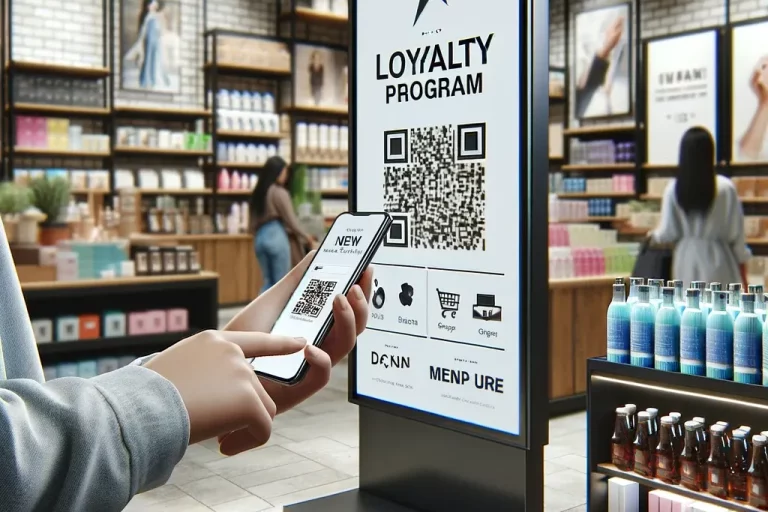 DALL·E 2024-03-07 14.10.30 – A photorealistic image showcasing a modern retail store with a digital signage display advertising a loyalty program. The store is filled with diverse