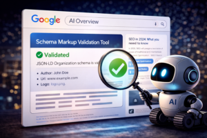 AI website optimization concept with a robot reviewing schema markup and website content for search visibility