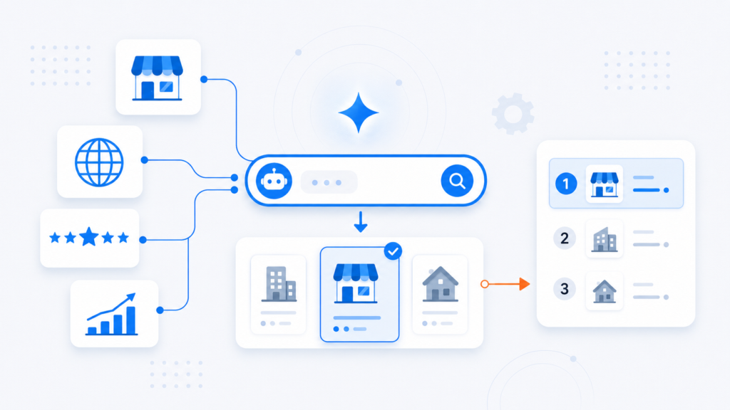 Diagram showing how ChatGPT pulls from business listings and reviews to decide which company to recommend