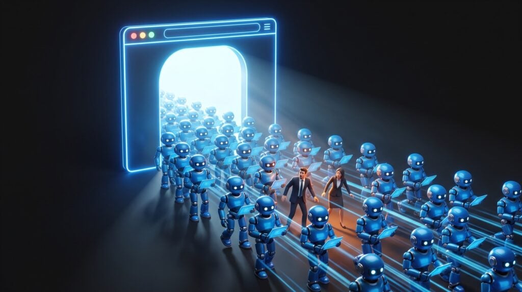 A crowd of blue AI robots streaming through a glowing browser-window doorway, far outnumbering two human visitors