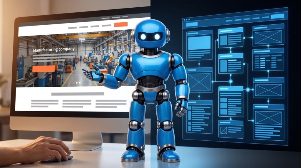 Running Robots robot standing between a manufacturing website as a person sees it and the same page as an AI bot reads it