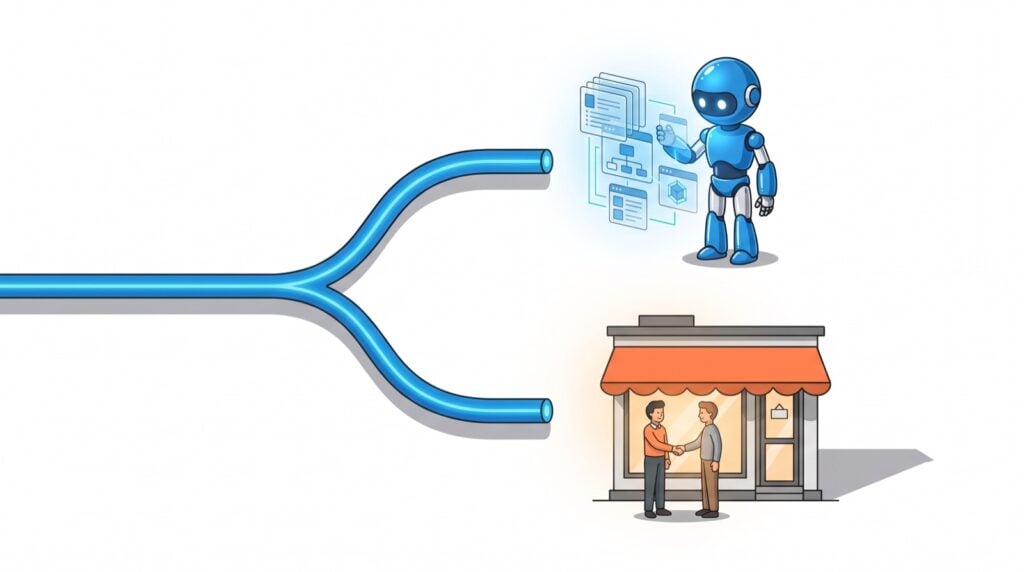 Running Robots Two-Website Theory diagram: one path splits toward a robot reading structured data and toward a storefront handshake