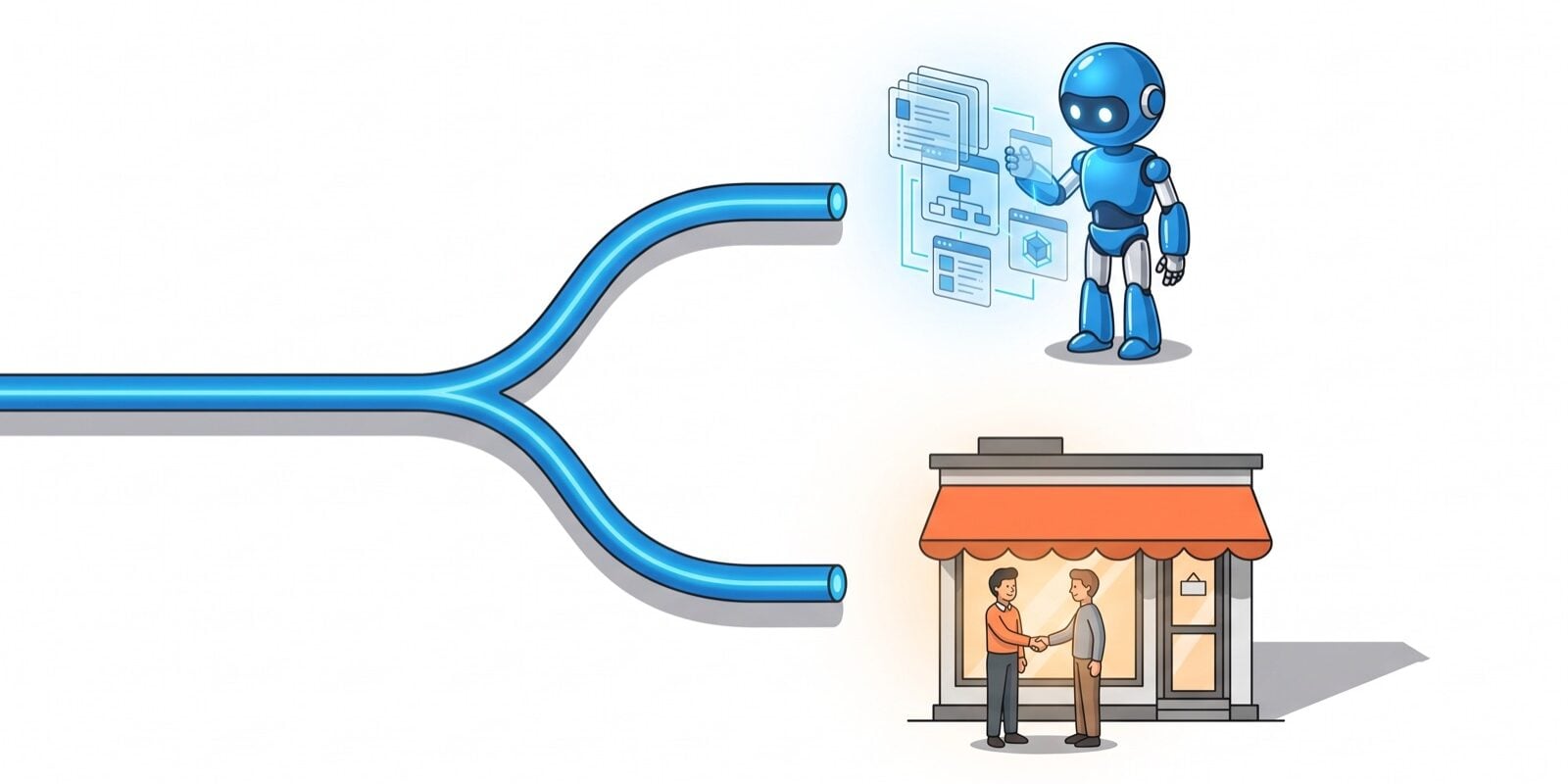 The Two-Website Theory Running Robots Two-Website Theory diagram: one path splits toward a robot reading structured data and toward a storefront handshake