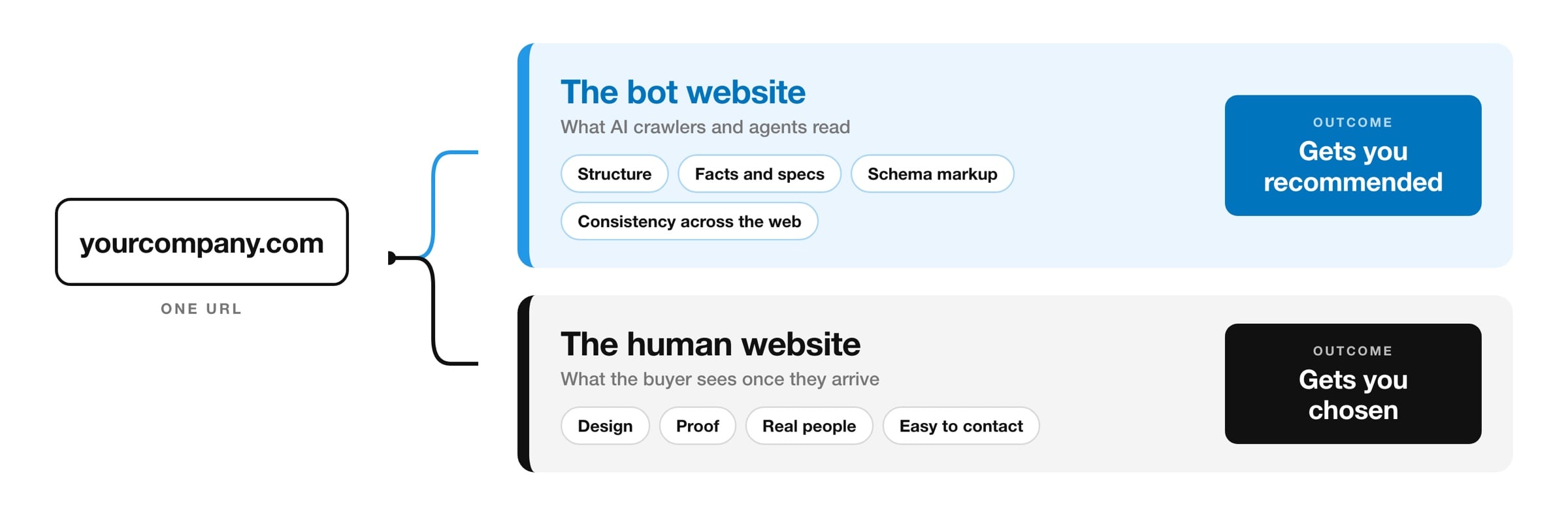 Diagram of the Two-Website Theory: one URL splits into a bot website that gets you recommended and a human website that gets you chosen